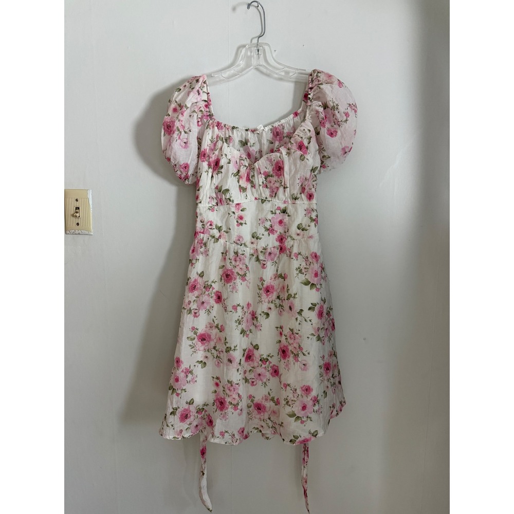 Pink Floral Puff Sleeve open Back Mini Dress XL Cottagecore milkmaid Princess XL - Picture 13 of 14